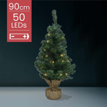 Kunstkerstboom met jute zak op batterijen - 50 micro LED lampjes - 90CM