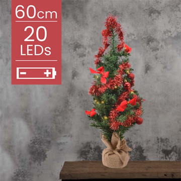 Kunstkerstboom met rode versiering op batterijen - 20 micro LED lampjes - 60CM 
