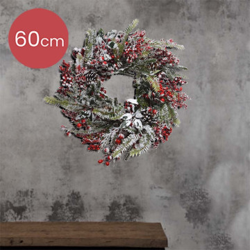 Decoratieve kerstkrans met sneeuw en rode besjes - Ø 60CM