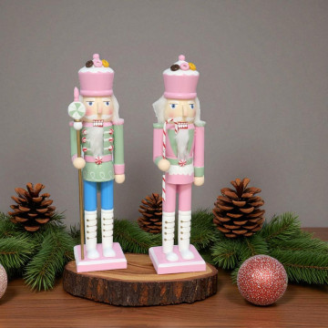 Set van 2 Candy Notenkrakers van hout in roze en groen - 30 cm 