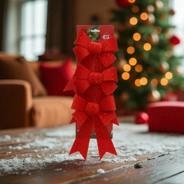 Set van 3 rode kerst strikjes met zilveren glitter voor in de kerstboom