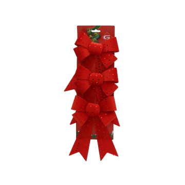 Set van 3 rode kerst strikjes met zilveren glitter voor in de kerstboom