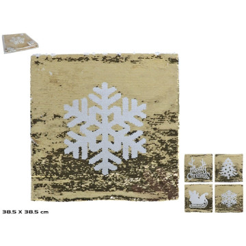 Kerst pailletten kussenhoes met arreslee - Goud - 38,5 x 38,5 cm 