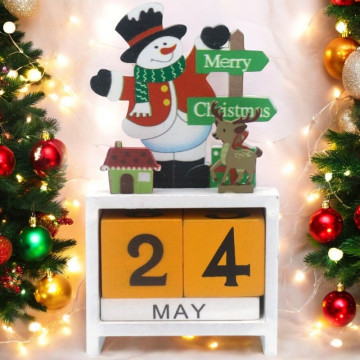 Houten kerstkalender met sneeuwpop - geel