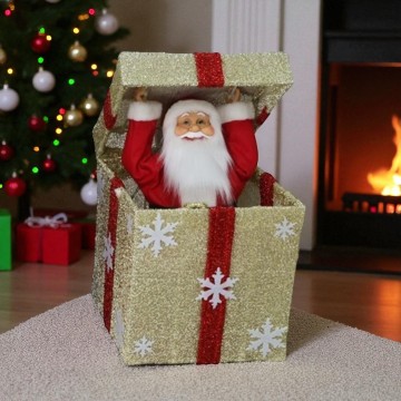 Kerstman in een gouden cadeau en LED verlichting - 50 cm