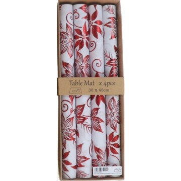Set van 4 Kerst placemats met bloemen - wit met rood 30 x 45 cm