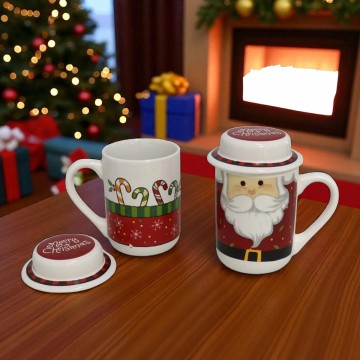 Set van 2 kerstmokken met deksel - zuurstokken en kerstman - 400 ml 