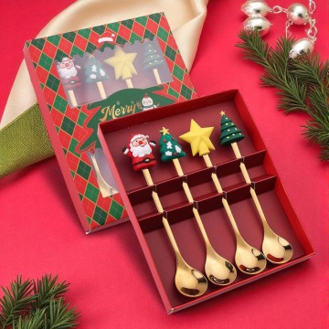 Set van 4 Goudkleurige kerst theelepels met kerstfiguren in luxe cadeaudoos