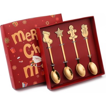 Kerst cadeauset van 4 kerstlepels - Goudkleurig 