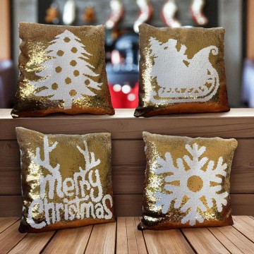 Set van 4 Kerst pailletten kussenhoezen - Goud - 38,5 x 38,5 cm 