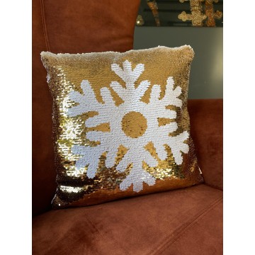 Kerst pailletten kussenhoes met sneeuwvlok - Goud - 38,5 x 38,5 cm 