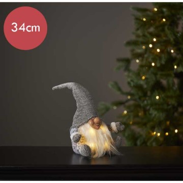 Kerstkabouter grijs met 4 LED lampjes - 34 cm