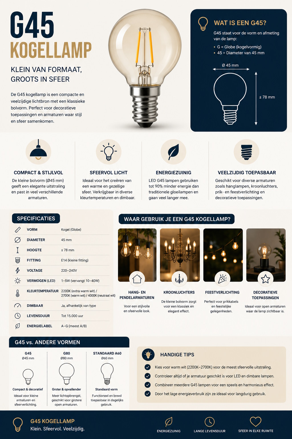Infographic G45 kogellamp: afmetingen, specificaties, toepassingen en vergelijking met andere lampvormen