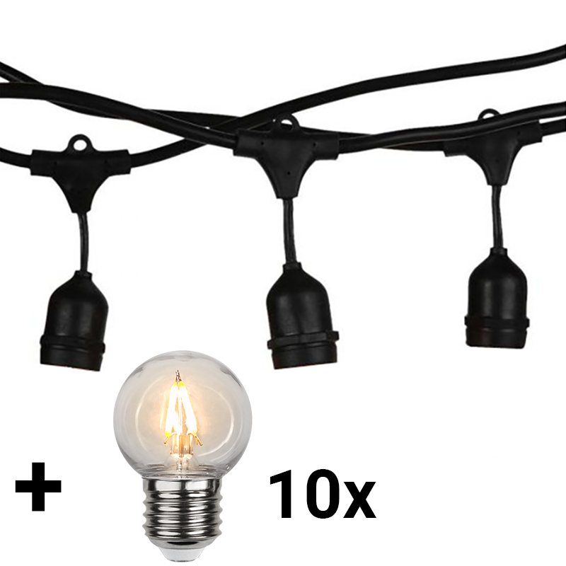 V-tac VT-7135 lichtsnoer - 5m - Incl. 10 E27 Sfeer lampen (2200K) - Verwisselbare lampen - Waterdich V-tac VT-7135 lichtsnoer - 5m - Incl. 10 E27 Sfeer lampen (2200K) - Verwisselbare lampen - Waterdich