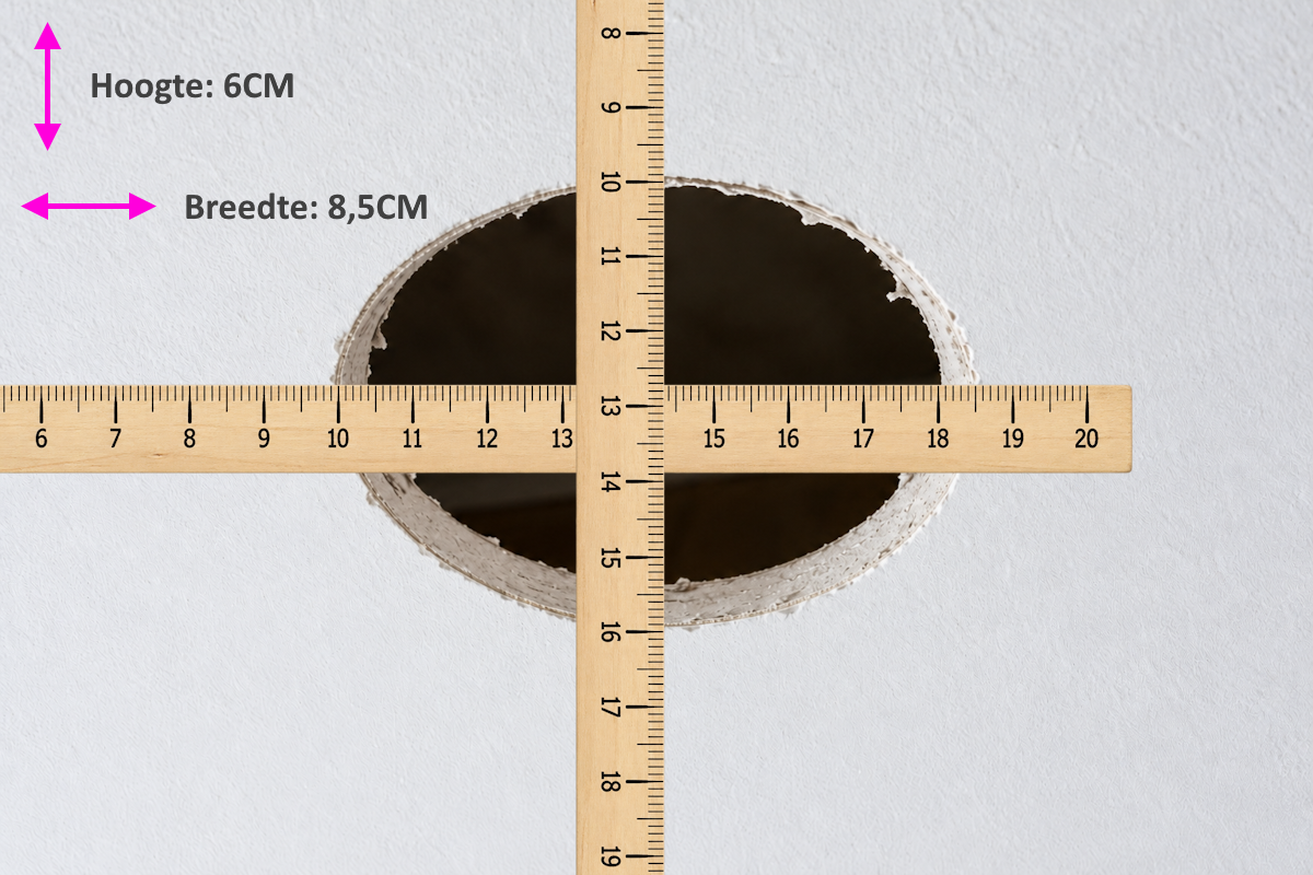 Ovaal boorgat met een kleinste diameter van 60 millimeter en een grootste diameter van bijna 85 millimeter