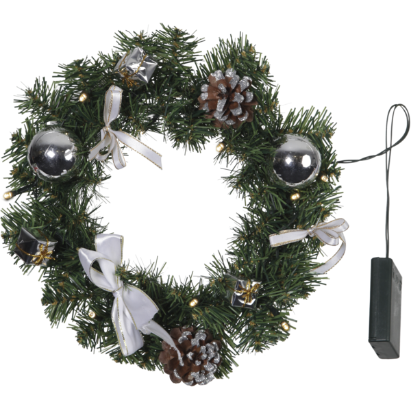 Mini kerstkrans verlicht Zilver 30cm -lichtkleur: Warm Wit -Werkt op batterijen -Met timer functie -Kerstdecoratie