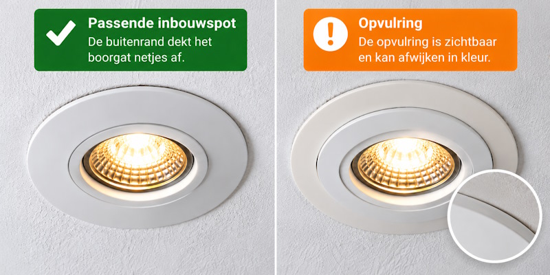 Vergelijking tussen een passend gemonteerde inbouwspot en een inbouwspot met een zichtbare opvulring