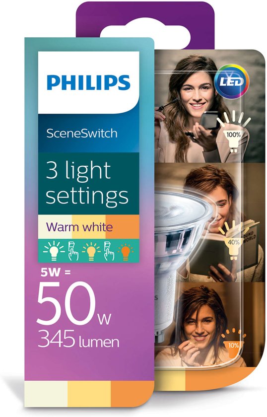Dimbare GU10 Spot LED Lamp -Philips Sceneswitch -5 Watt, vervangt 50W Halogeen -Philips