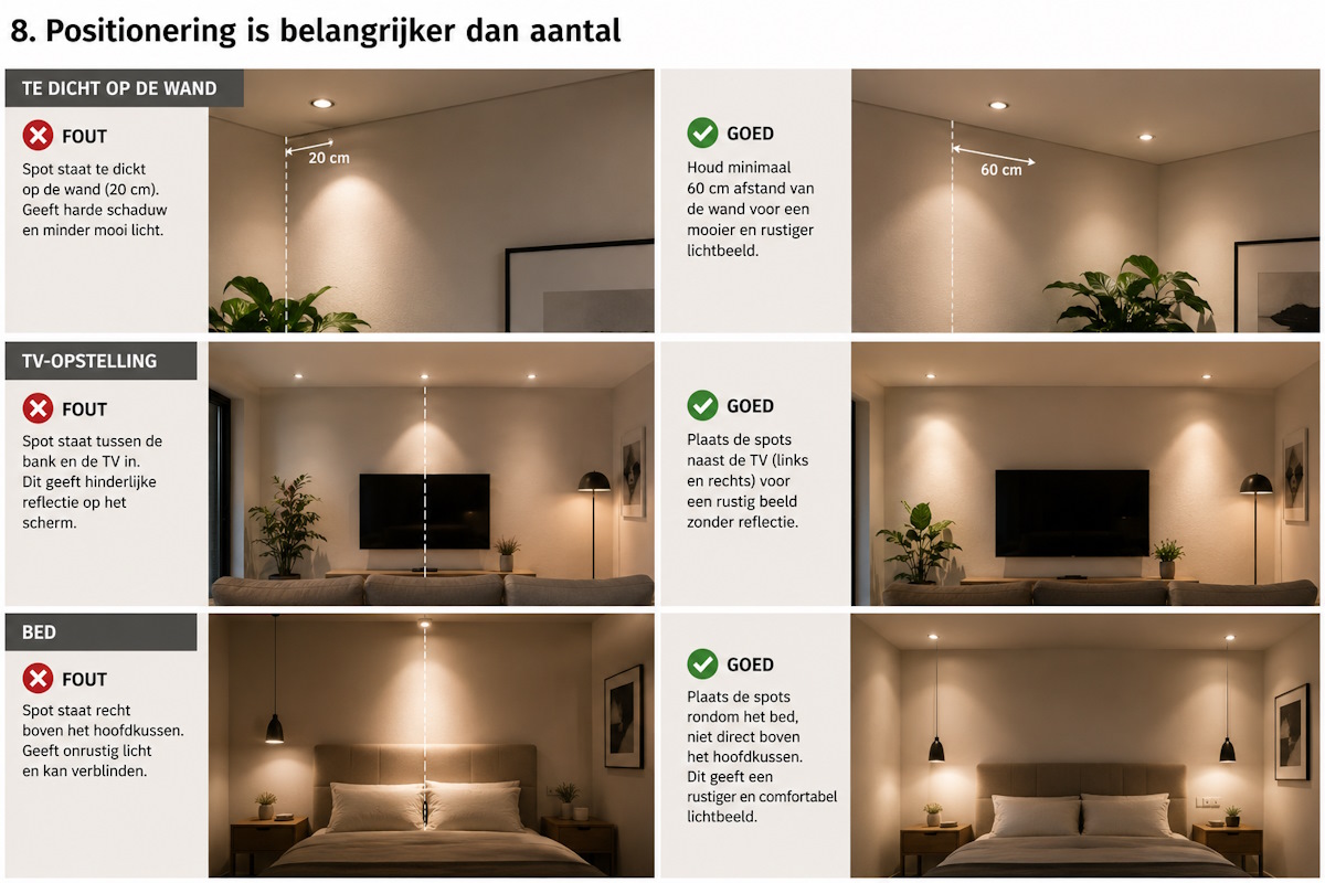 juiste positie inbouwspots in de woonkamer — afstand tot wand en meubels