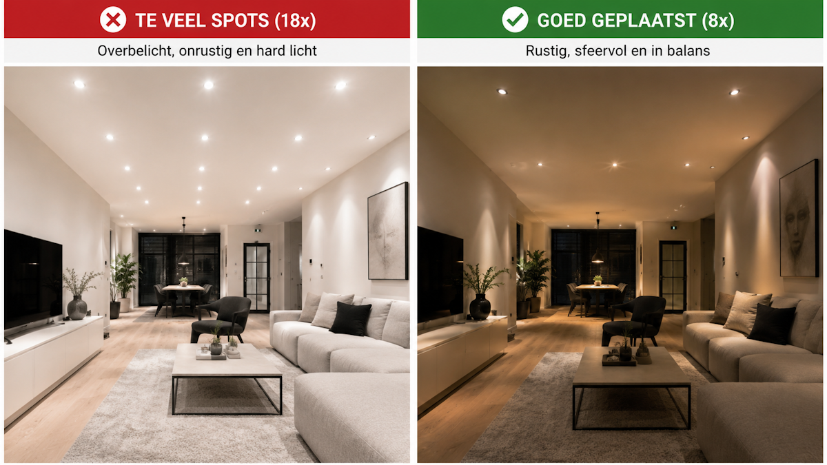 te veel inbouwspots zorgt voor overbelichting in de woonkamer