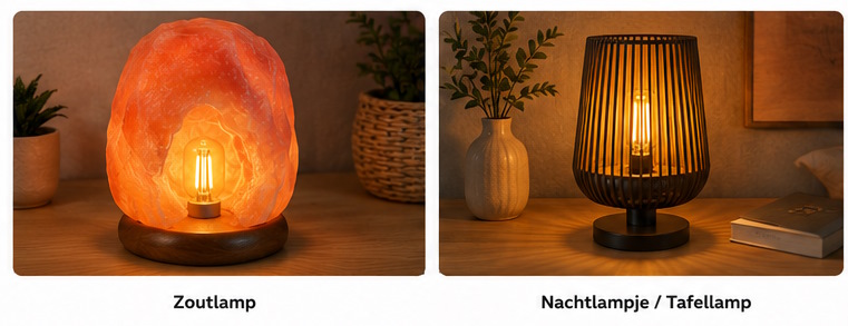 Mini LED lampjes in gebruik: zoutlamp met filament amber lampje en nachtlampje / tafellamp met zichtbaar filament
