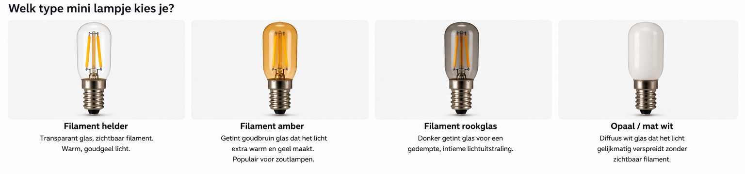 Overzicht vier typen mini LED lampjes E14: filament helder, filament amber, filament rookglas en opaal mat wit