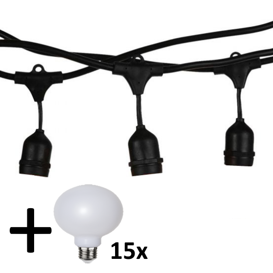 V-tac VT-713 lichtsnoer - 15m - Incl. 15 Wit matte Globe XL LED lampen Mat -Extra Warm Wit- 2700K- Verwisselbare lampen - Waterdicht - Onbreekbaar - k