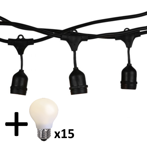 V-tac VT-713 lichtsnoer - 15m - Incl. 15 matte  LED lampen -Extra Warm Wit- 2700K- Verwisselbare lampen - Waterdicht - Onbreekbaar - koppelbaar