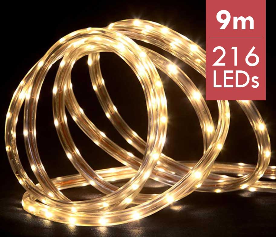 Lichtslang / slangverlichting  9M met 216 LED lampjes -warm wit licht -Ook geschikt voor buiten  -lichtkleur: Warm Wit -met stekker -Kerstdecoratie